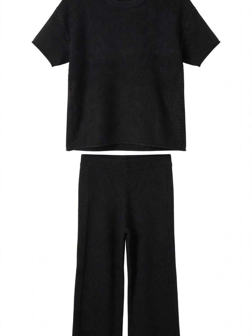 Zenana Outfitters Black Wide Leg Ribbed Pants & Short Sleeve Top Set